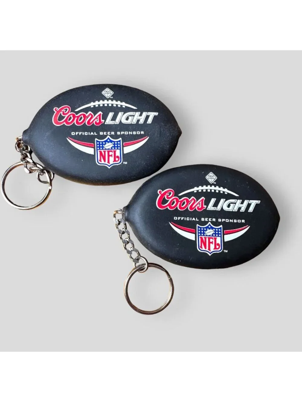 Coors Light NFL Branded Football Coin Holder Keychains - Set Of 2 Rubber Materia